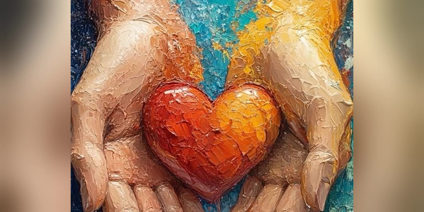 Deux mains ouvertes en coupe portent un cœur rouge et orangé ; peinture à la matière épaisse, sur un fond bleu et jaune