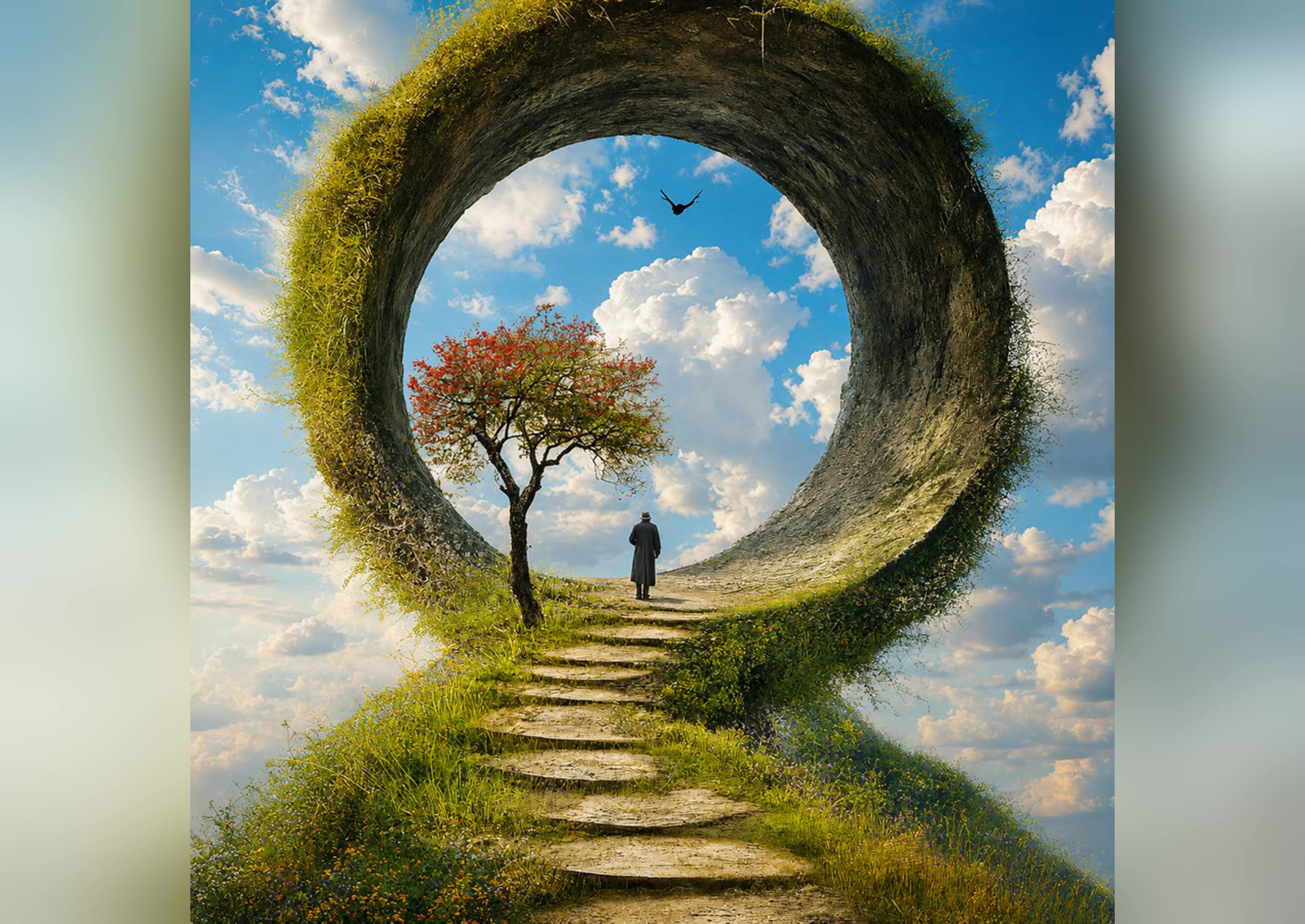 Un escalier de pierres mène un promeneur vers une large ouverture ronde, ourlée d'herbe, qui découvre le ciel, un arbre en fleurs et un oiseau