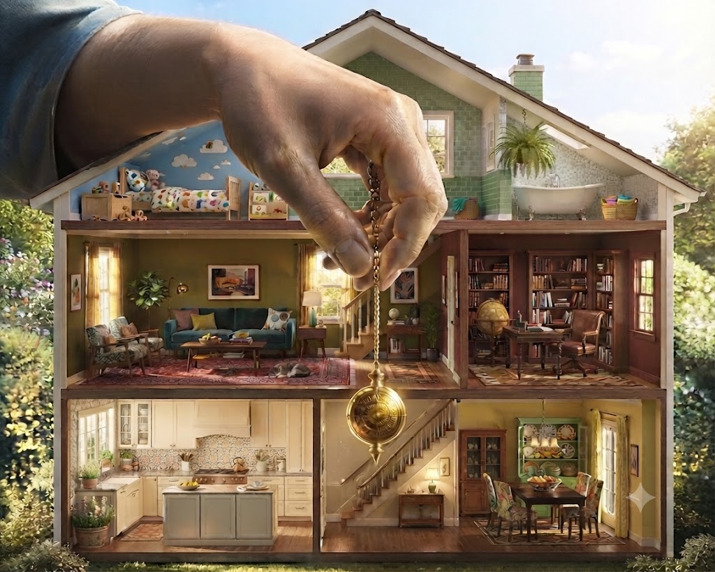 Une main tient un pendule au-dessus d'une maison ouverte en coupe, dont on voit toutes les pièces meublées, de la chambre d'enfant sous le toit à la cuisine du bas