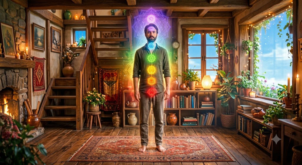 Un homme debout, pieds nus, au centre d'une pièce en bois chaleureuse ; les sept centres énergétiques s'illuminent le long de son corps, un mandala au-dessus de sa tête
