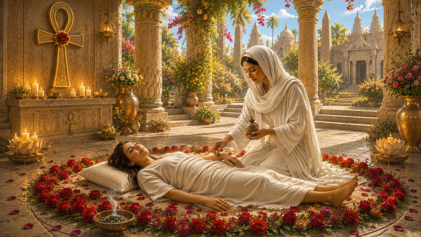 Une femme allongée au centre d'un cercle de roses rouges, dans une cour de temple ensoleillée ; une officiante vêtue de blanc, un flacon à la main, se penche pour oindre son bras